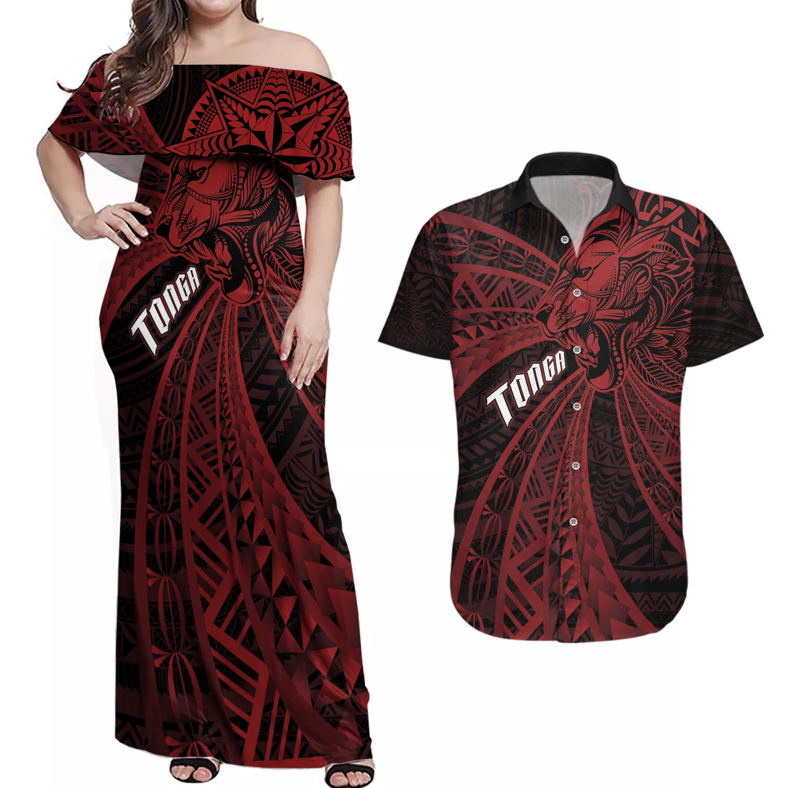 Tonga Independence Day Couples Matching Off Shoulder Maxi Dress and Hawaiian Shirt Tongatapu Lion Ngatu Motifs Black Ver.