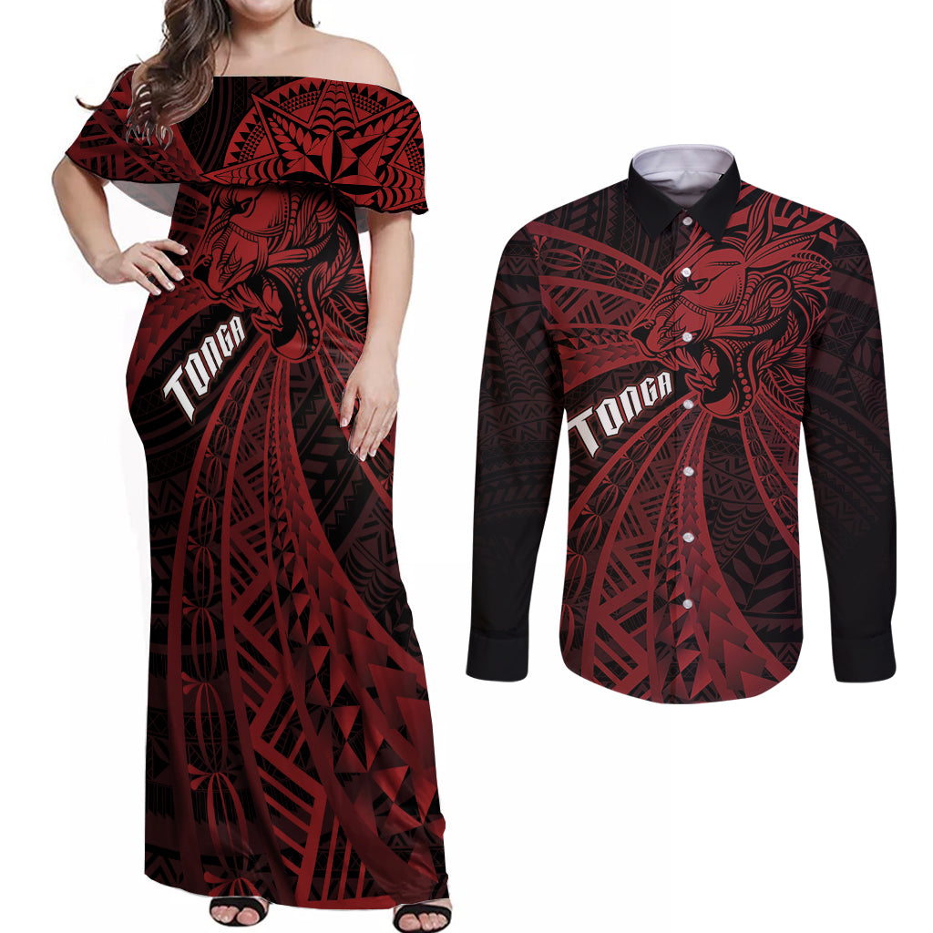 Tonga Independence Day Couples Matching Off Shoulder Maxi Dress and Long Sleeve Button Shirt Tongatapu Lion Ngatu Motifs Black Ver.