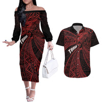 Tonga Independence Day Couples Matching Off The Shoulder Long Sleeve Dress and Hawaiian Shirt Tongatapu Lion Ngatu Motifs Black Ver. LT7 Black - Polynesian Pride