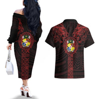 Tonga Independence Day Couples Matching Off The Shoulder Long Sleeve Dress and Hawaiian Shirt Tongatapu Lion Ngatu Motifs Black Ver. LT7 - Polynesian Pride