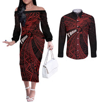 Tonga Independence Day Couples Matching Off The Shoulder Long Sleeve Dress and Long Sleeve Button Shirt Tongatapu Lion Ngatu Motifs Black Ver. LT7 Black - Polynesian Pride