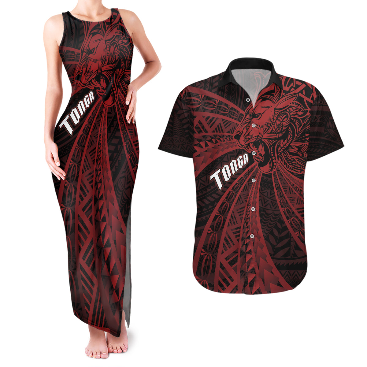 Tonga Independence Day Couples Matching Tank Maxi Dress and Hawaiian Shirt Tongatapu Lion Ngatu Motifs Black Ver. LT7 Black - Polynesian Pride