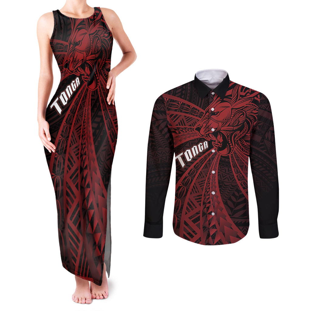 Tonga Independence Day Couples Matching Tank Maxi Dress and Long Sleeve Button Shirt Tongatapu Lion Ngatu Motifs Black Ver. LT7 Black - Polynesian Pride