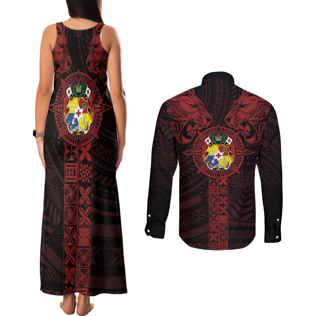 Tonga Independence Day Couples Matching Tank Maxi Dress and Long Sleeve Button Shirt Tongatapu Lion Ngatu Motifs Black Ver. LT7 - Polynesian Pride