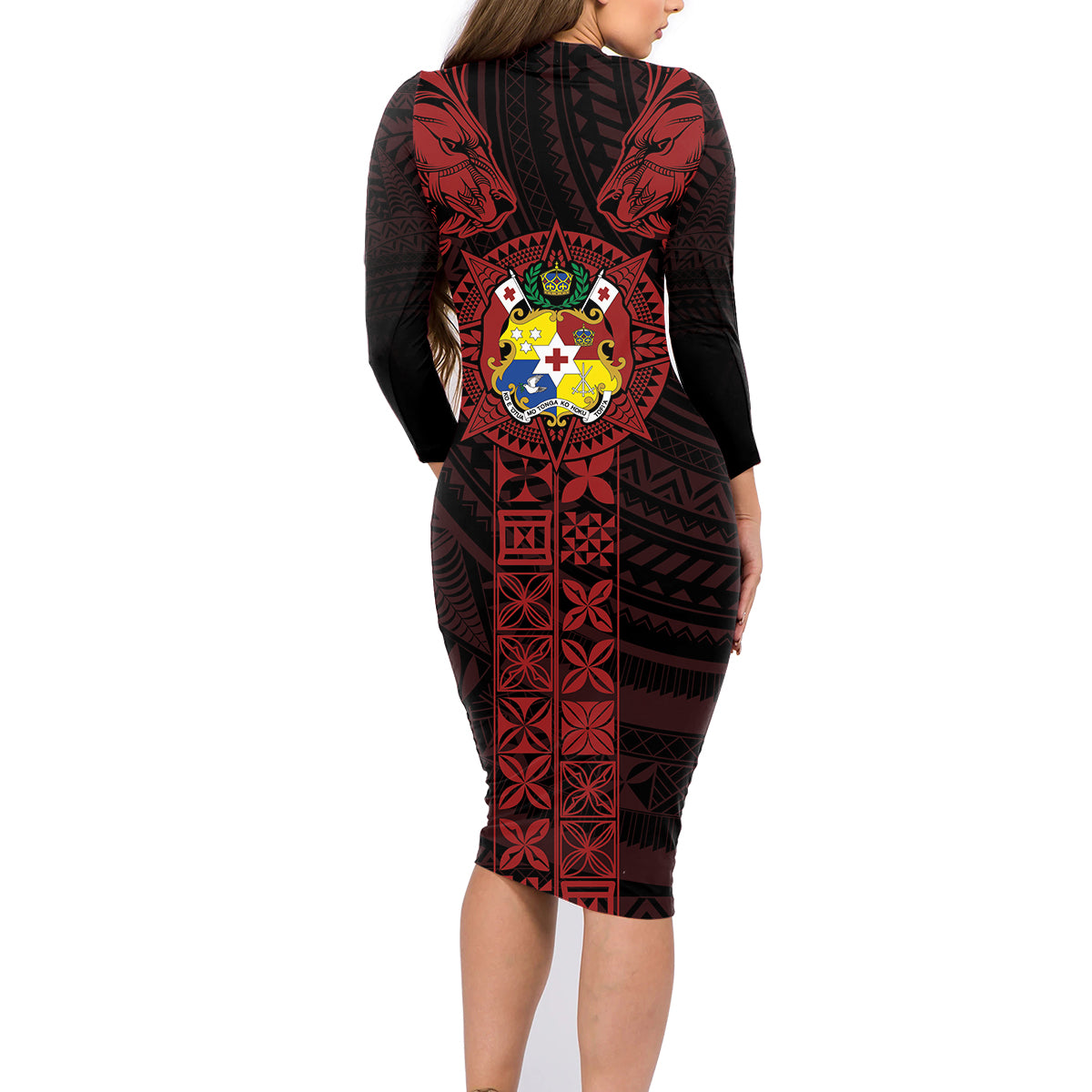Tonga Independence Day Family Matching Long Sleeve Bodycon Dress and Hawaiian Shirt Tongatapu Lion Ngatu Motifs Black Ver. LT7 - Polynesian Pride