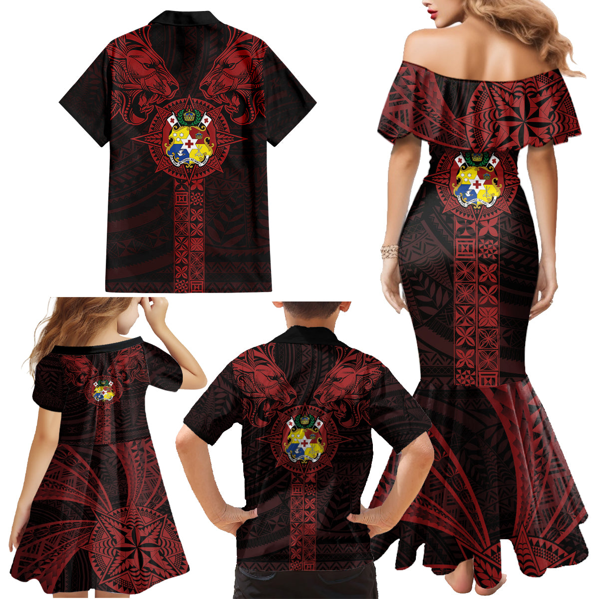 Tonga Independence Day Family Matching Mermaid Dress and Hawaiian Shirt Tongatapu Lion Ngatu Motifs Black Ver. LT7 - Polynesian Pride