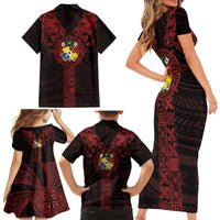 Tonga Independence Day Family Matching Short Sleeve Bodycon Dress and Hawaiian Shirt Tongatapu Lion Ngatu Motifs Black Ver. LT7 - Polynesian Pride