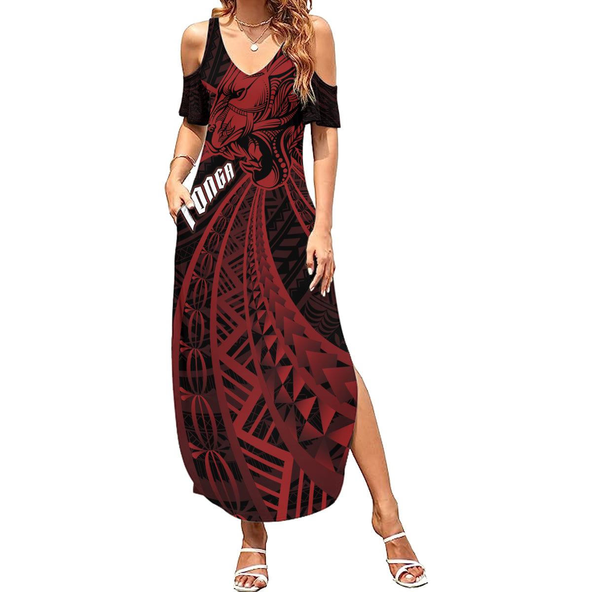 Tonga Independence Day Family Matching Summer Maxi Dress and Hawaiian Shirt Tongatapu Lion Ngatu Motifs Black Ver. LT7 Mom's Dress Black - Polynesian Pride