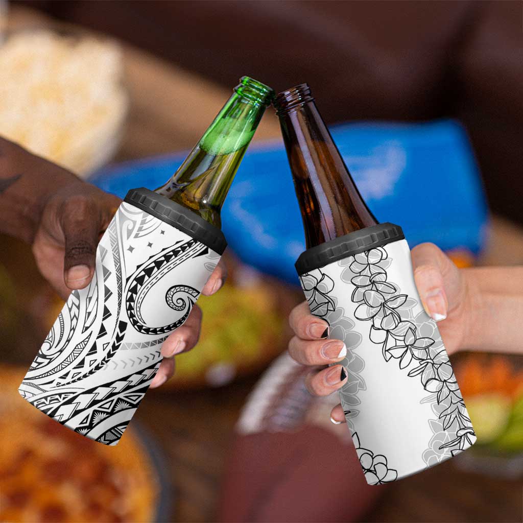 Polynesia Plumeria Lei 4 in 1 Can Cooler Tumbler White Curves Motif