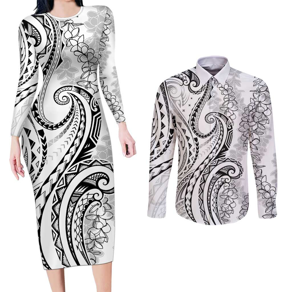 Polynesia Plumeria Lei Couples Matching Long Sleeve Bodycon Dress and Long Sleeve Button Shirt White Curves Motif