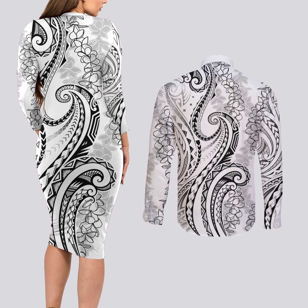 Polynesia Plumeria Lei Couples Matching Long Sleeve Bodycon Dress and Long Sleeve Button Shirt White Curves Motif