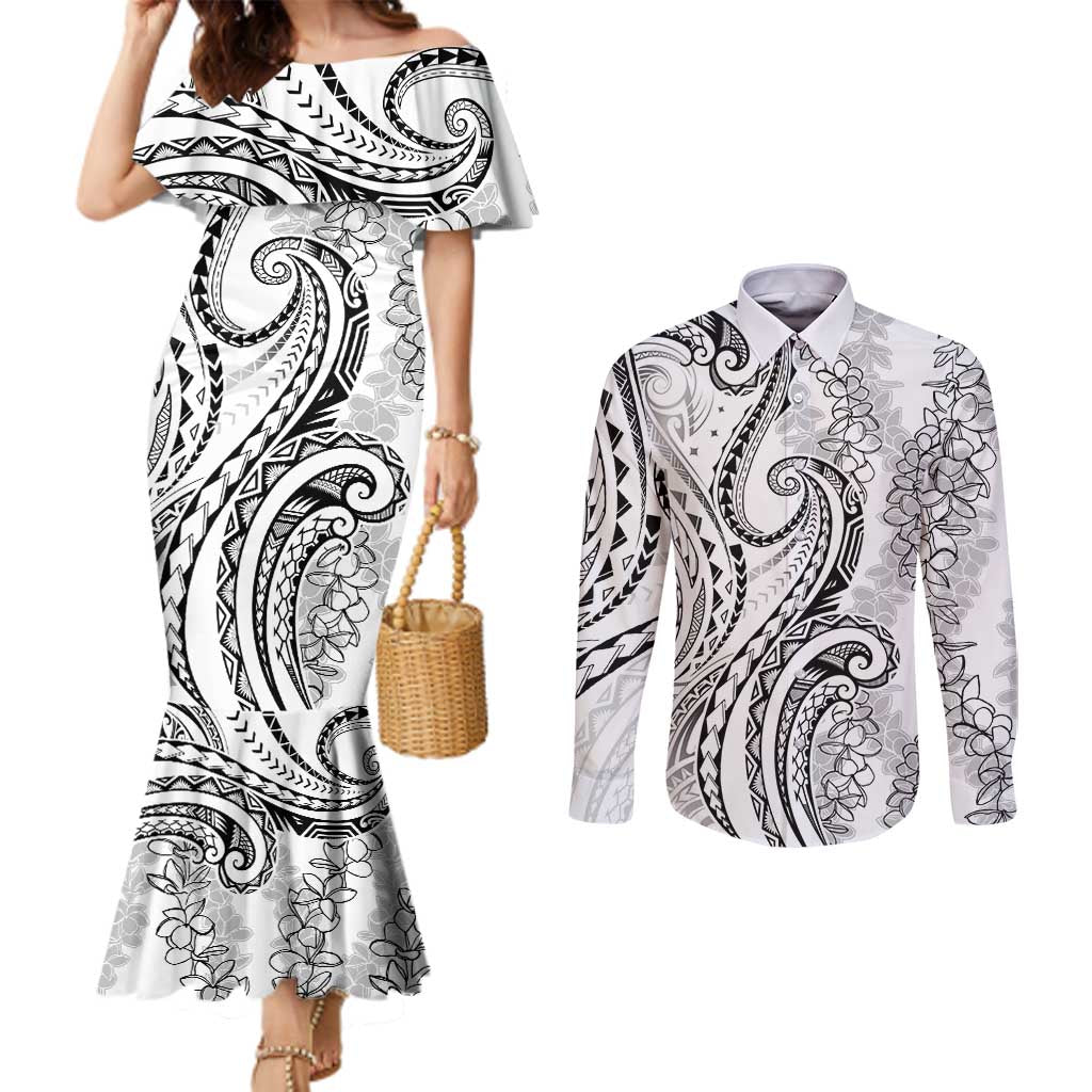 Polynesia Plumeria Lei Couples Matching Mermaid Dress and Long Sleeve Button Shirt White Curves Motif
