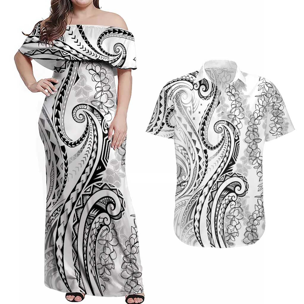 Polynesia Plumeria Lei Couples Matching Off Shoulder Maxi Dress and Hawaiian Shirt White Curves Motif