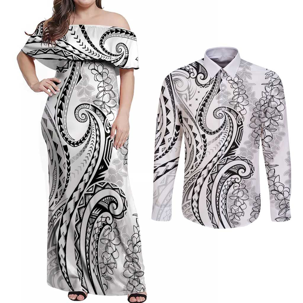 Polynesia Plumeria Lei Couples Matching Off Shoulder Maxi Dress and Long Sleeve Button Shirt White Curves Motif