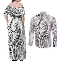 Polynesia Plumeria Lei Couples Matching Off Shoulder Maxi Dress and Long Sleeve Button Shirt White Curves Motif