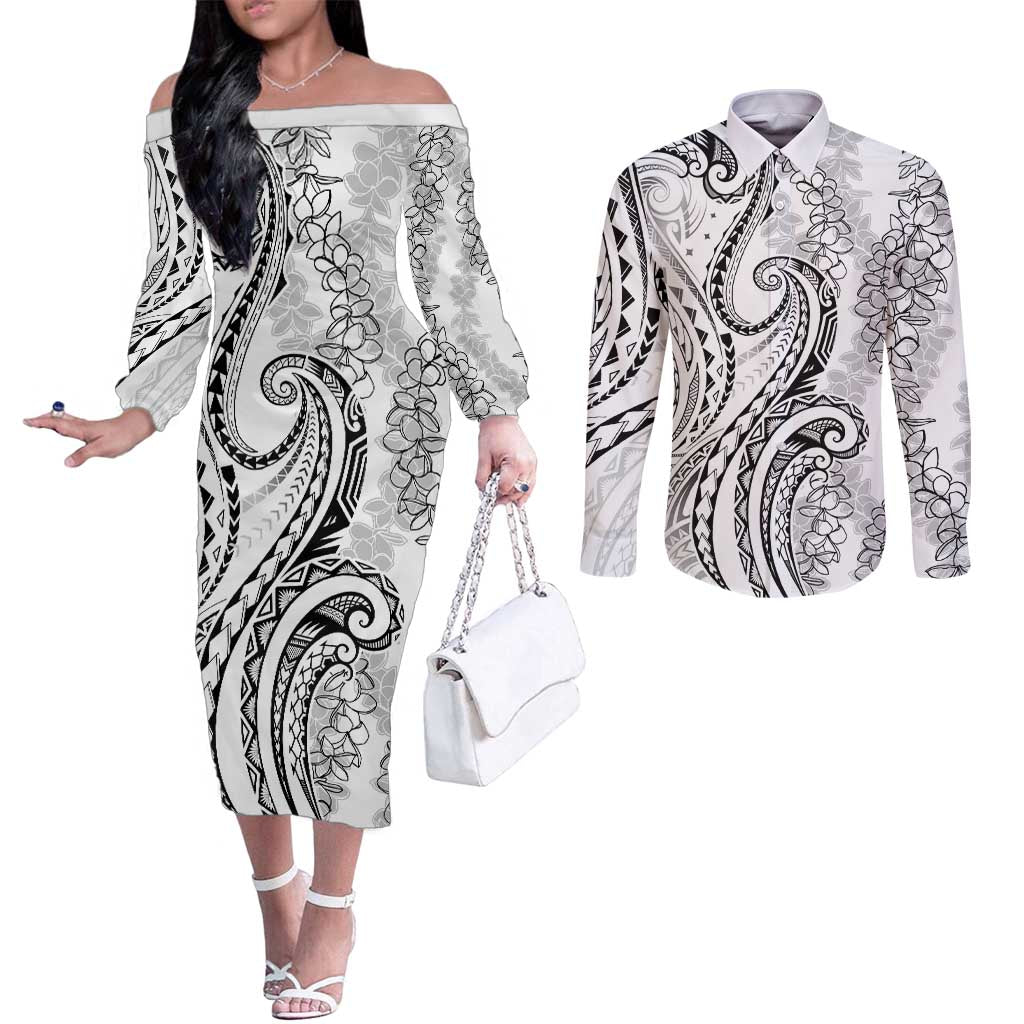Polynesia Plumeria Lei Couples Matching Off The Shoulder Long Sleeve Dress and Long Sleeve Button Shirt White Curves Motif LT7 White - Polynesian Pride