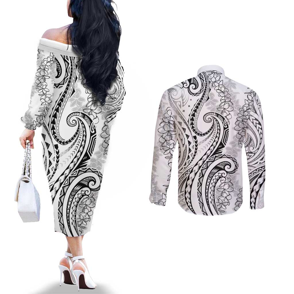 Polynesia Plumeria Lei Couples Matching Off The Shoulder Long Sleeve Dress and Long Sleeve Button Shirt White Curves Motif LT7 - Polynesian Pride