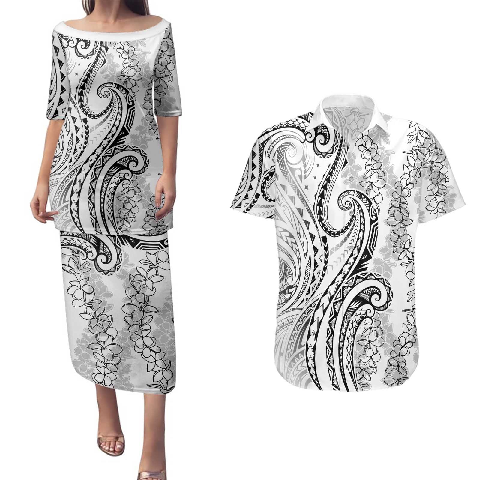 Polynesia Plumeria Lei Couples Matching Puletasi and Hawaiian Shirt White Curves Motif