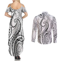 Polynesia Plumeria Lei Couples Matching Summer Maxi Dress and Long Sleeve Button Shirt White Curves Motif