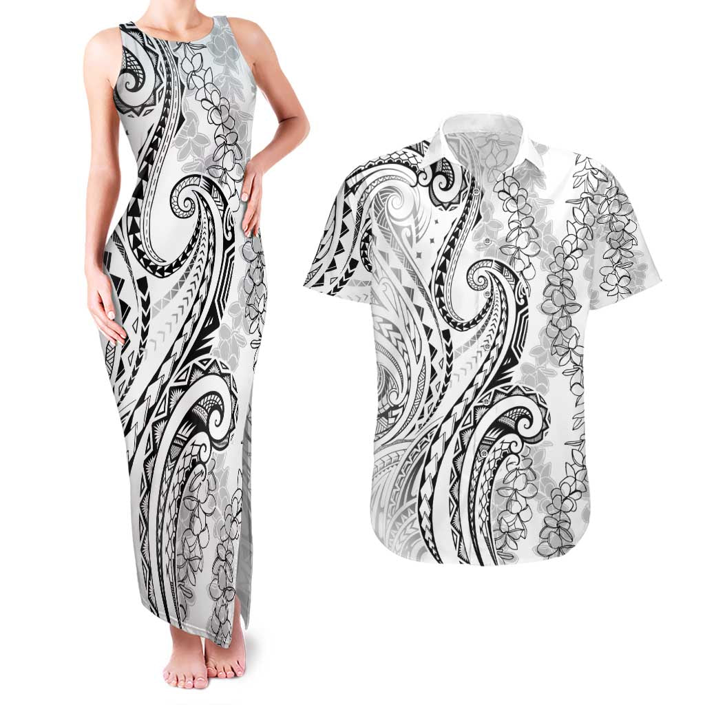 Polynesia Plumeria Lei Couples Matching Tank Maxi Dress and Hawaiian Shirt White Curves Motif