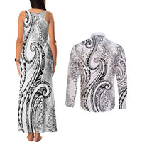 Polynesia Plumeria Lei Couples Matching Tank Maxi Dress and Long Sleeve Button Shirt White Curves Motif