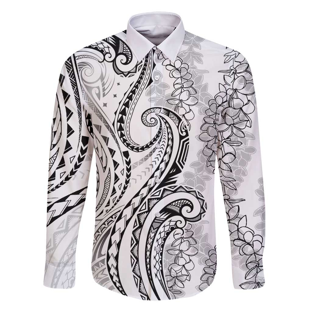Polynesia Plumeria Lei Family Matching Long Sleeve Bodycon Dress and Hawaiian Shirt White Curves Motif