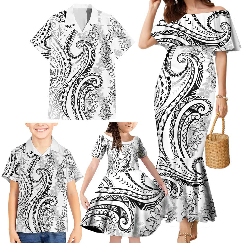 Polynesia Plumeria Lei Family Matching Mermaid Dress and Hawaiian Shirt White Curves Motif