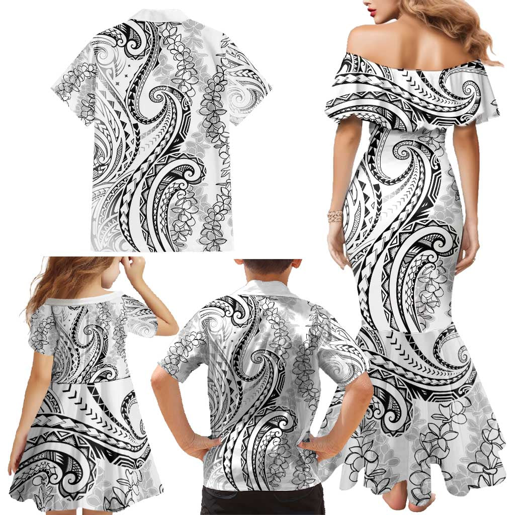 Polynesia Plumeria Lei Family Matching Mermaid Dress and Hawaiian Shirt White Curves Motif