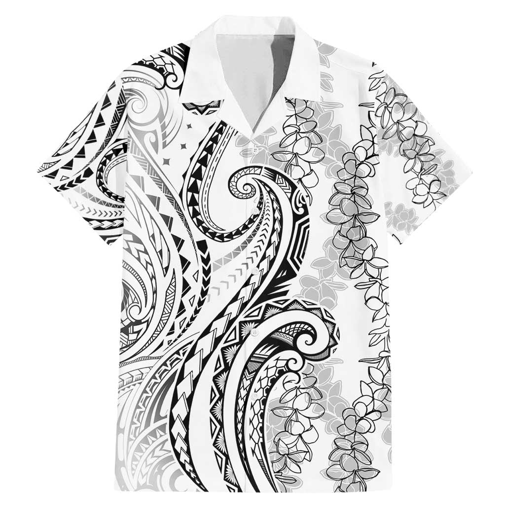 Polynesia Plumeria Lei Family Matching Mermaid Dress and Hawaiian Shirt White Curves Motif