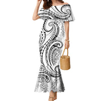 Polynesia Plumeria Lei Family Matching Mermaid Dress and Hawaiian Shirt White Curves Motif