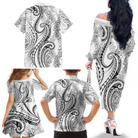 Polynesia Plumeria Lei Family Matching Off The Shoulder Long Sleeve Dress and Hawaiian Shirt White Curves Motif