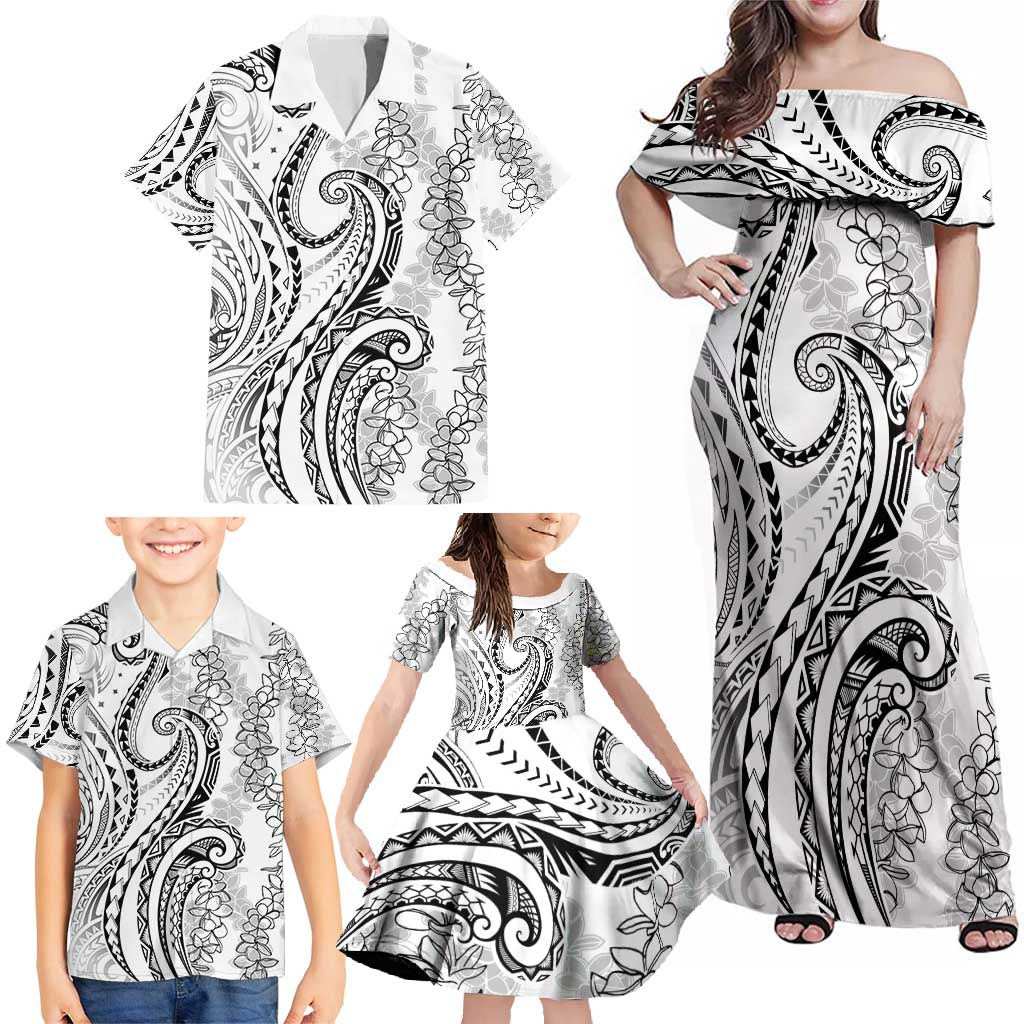 Polynesia Plumeria Lei Family Matching Off Shoulder Maxi Dress and Hawaiian Shirt White Curves Motif LT7 - Polynesian Pride