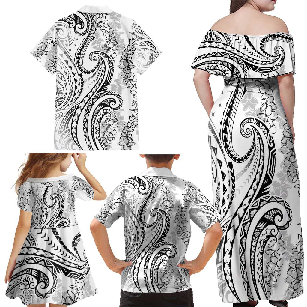 Polynesia Plumeria Lei Family Matching Off Shoulder Maxi Dress and Hawaiian Shirt White Curves Motif LT7 - Polynesian Pride