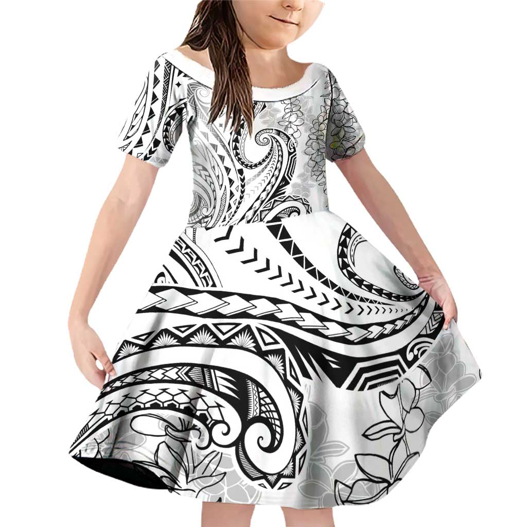 Polynesia Plumeria Lei Family Matching Off Shoulder Short Dress and Hawaiian Shirt White Curves Motif LT7 Daughter's Dress White - Polynesian Pride
