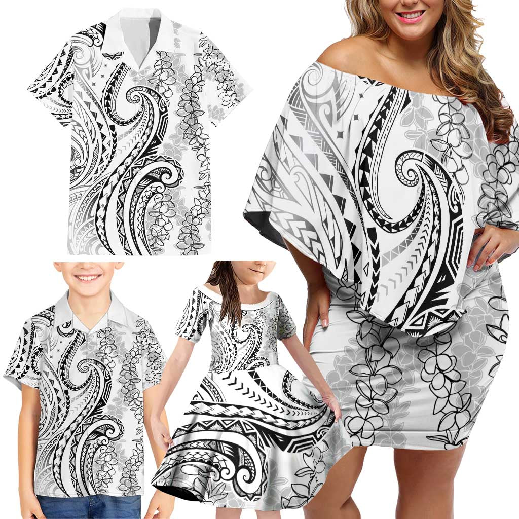 Polynesia Plumeria Lei Family Matching Off Shoulder Short Dress and Hawaiian Shirt White Curves Motif