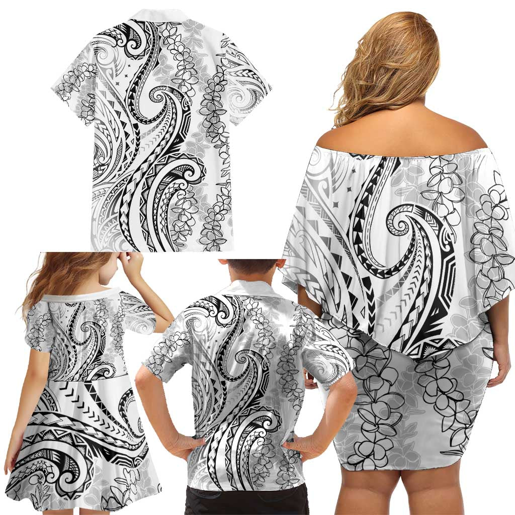 Polynesia Plumeria Lei Family Matching Off Shoulder Short Dress and Hawaiian Shirt White Curves Motif LT7 - Polynesian Pride