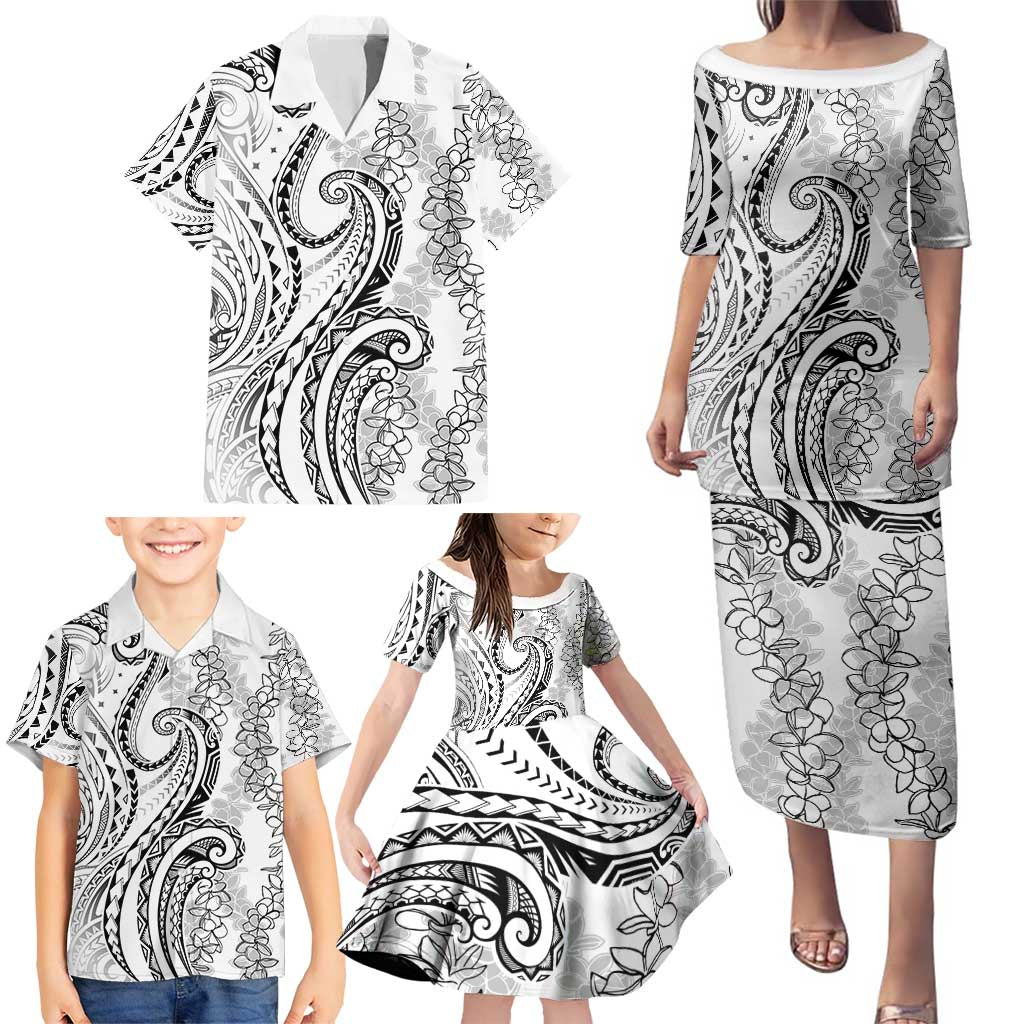 Polynesia Plumeria Lei Family Matching Puletasi and Hawaiian Shirt White Curves Motif