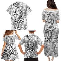 Polynesia Plumeria Lei Family Matching Puletasi and Hawaiian Shirt White Curves Motif