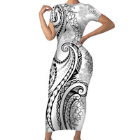 Polynesia Plumeria Lei Family Matching Short Sleeve Bodycon Dress and Hawaiian Shirt White Curves Motif