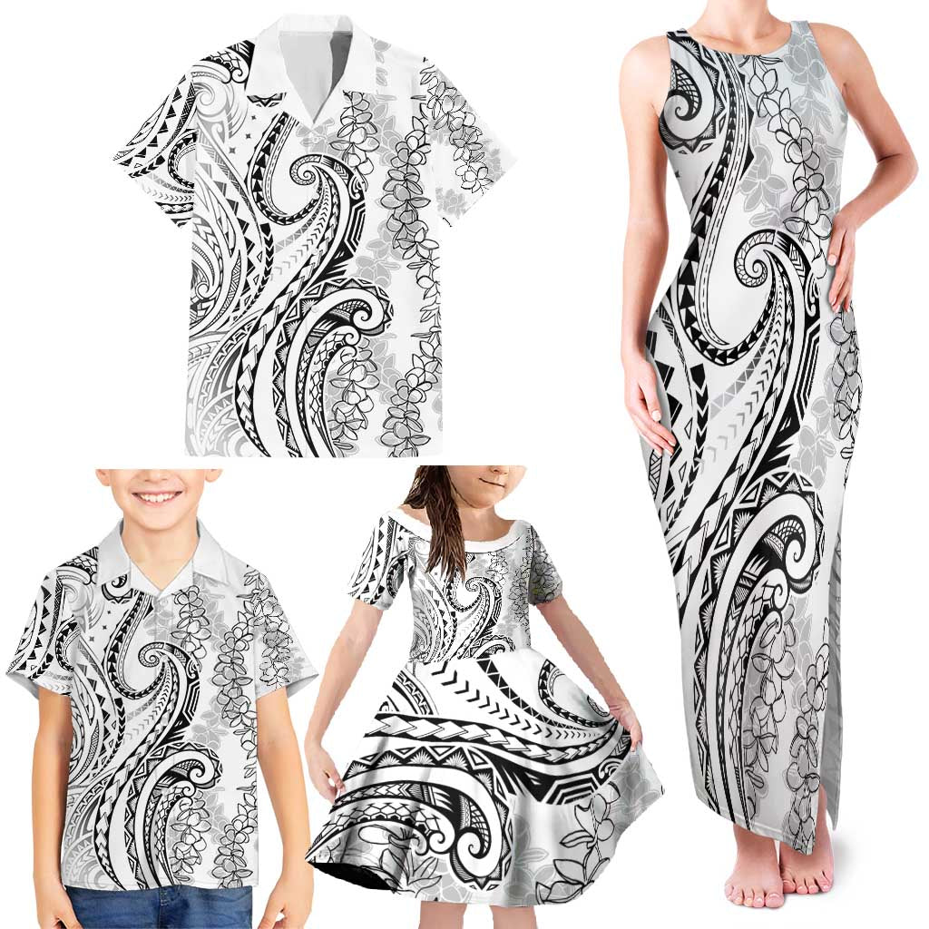 Polynesia Plumeria Lei Family Matching Tank Maxi Dress and Hawaiian Shirt White Curves Motif