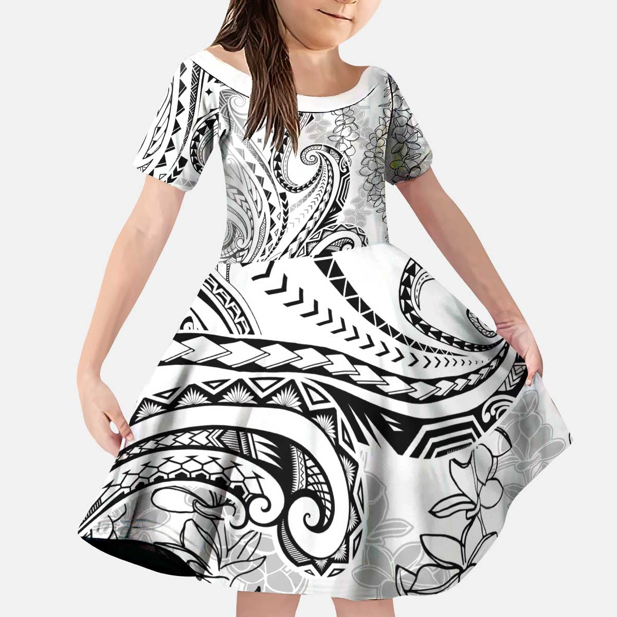 Polynesia Plumeria Lei Kid Short Sleeve Dress White Curves Motif