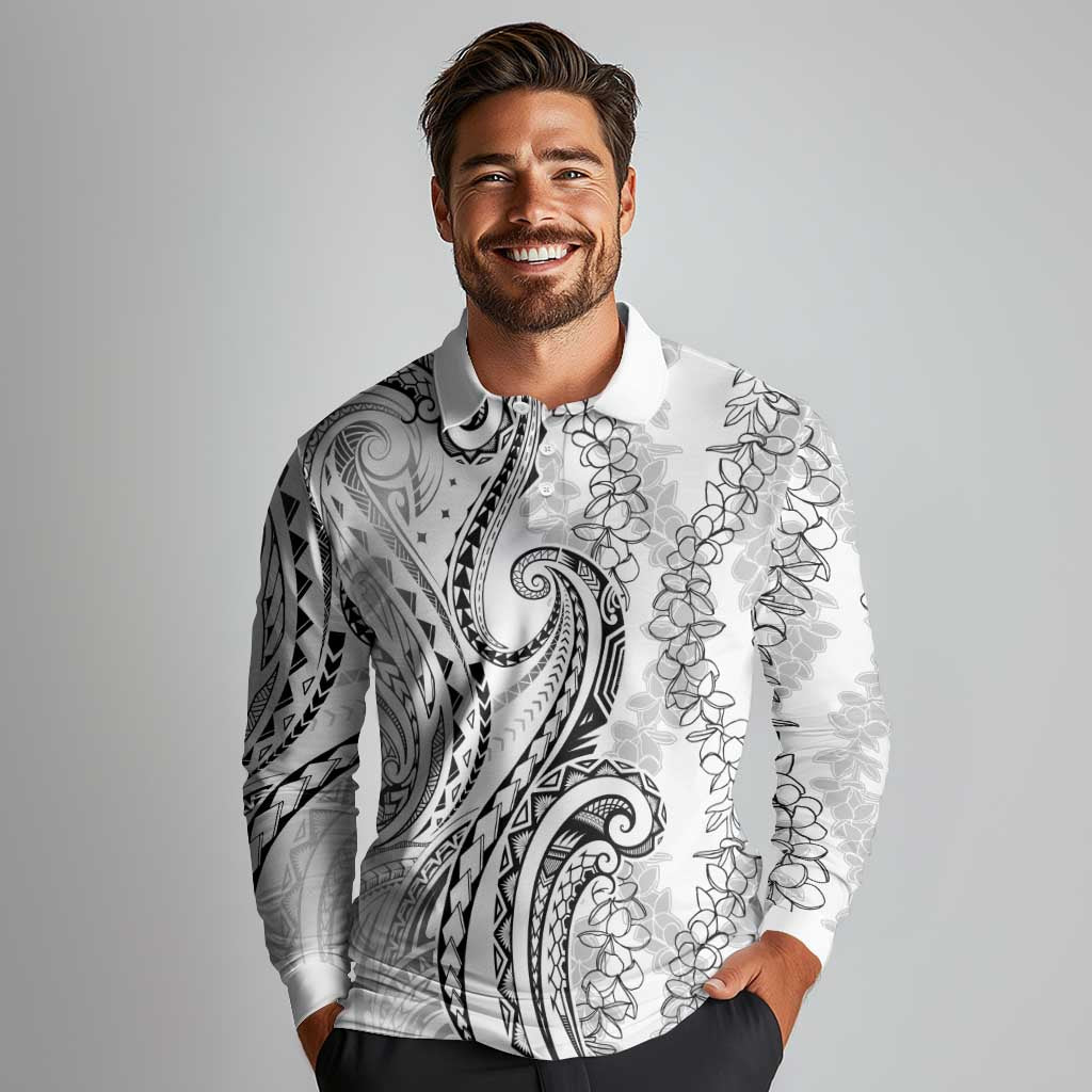 Polynesia Plumeria Lei Long Sleeve Polo Shirt White Curves Motif