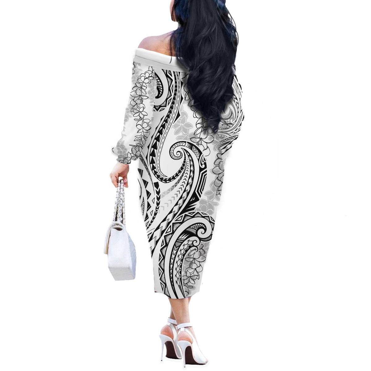 Polynesia Plumeria Lei Off The Shoulder Long Sleeve Dress White Curves Motif