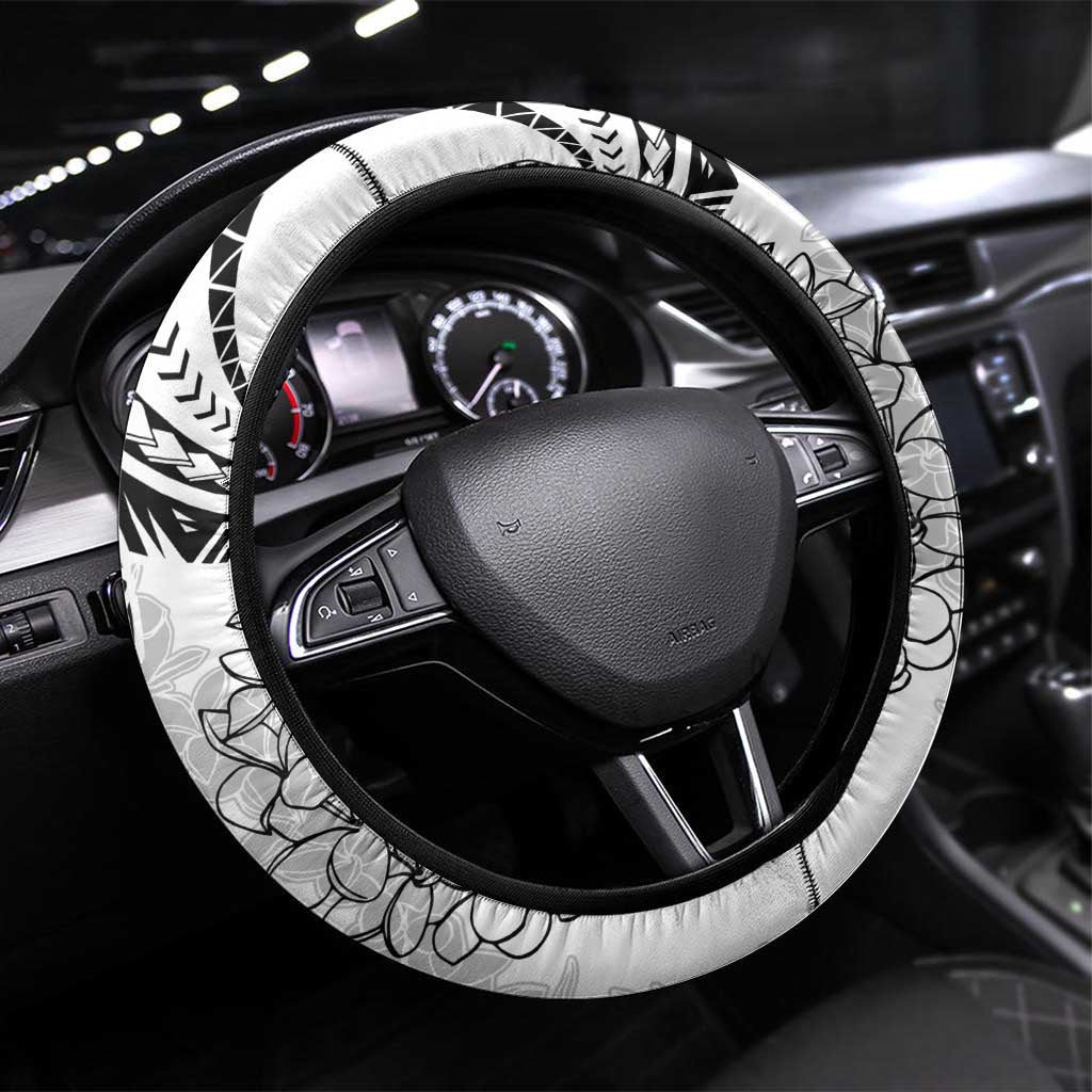 Polynesia Plumeria Lei Steering Wheel Cover White Curves Motif