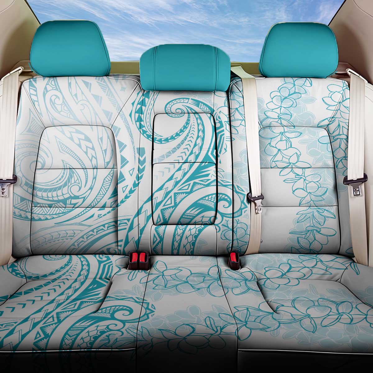 Polynesia Plumeria Lei Back Car Seat Cover White Turquoise Curves Motif
