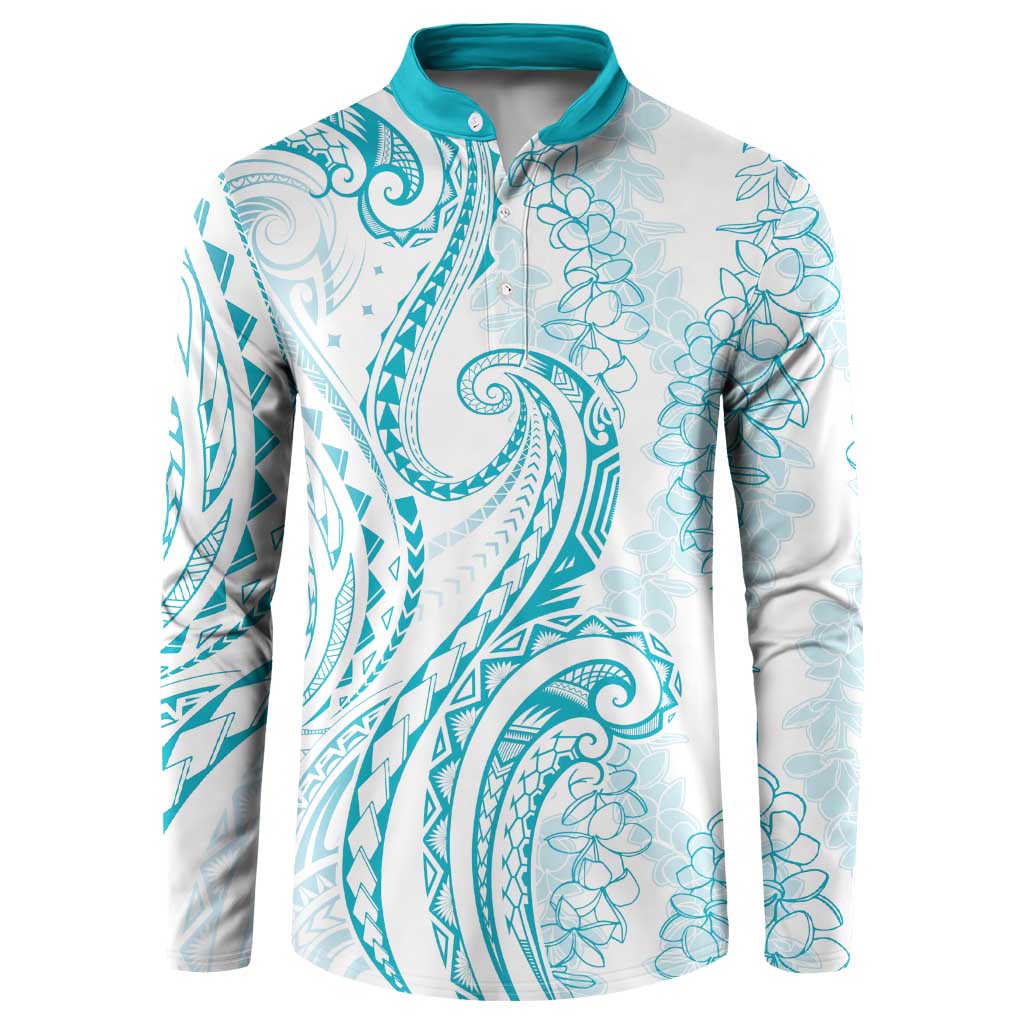 Polynesia Plumeria Lei Button Sweatshirt White Turquoise Curves Motif