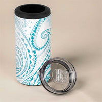 Polynesia Plumeria Lei 4 in 1 Can Cooler Tumbler White Turquoise Curves Motif