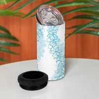 Polynesia Plumeria Lei 4 in 1 Can Cooler Tumbler White Turquoise Curves Motif