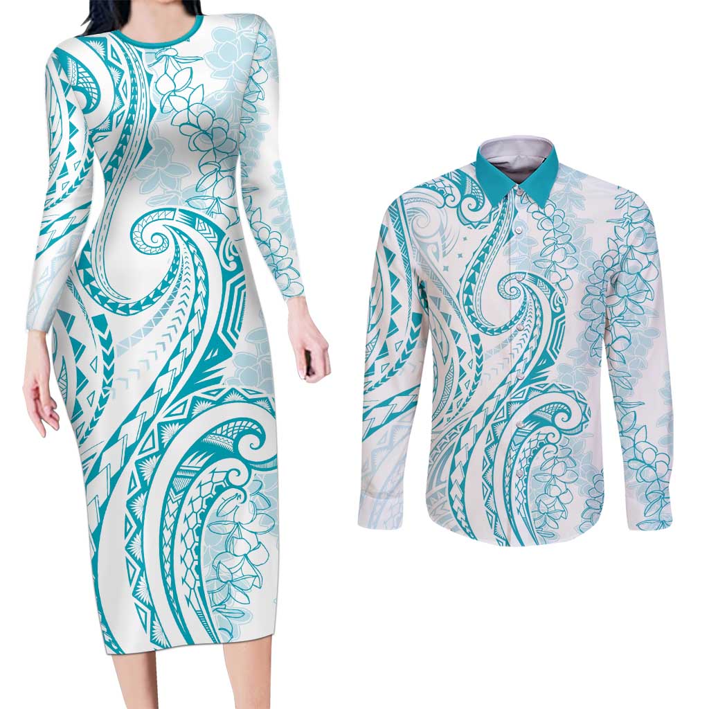 Polynesia Plumeria Lei Couples Matching Long Sleeve Bodycon Dress and Long Sleeve Button Shirt White Turquoise Curves Motif