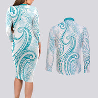 Polynesia Plumeria Lei Couples Matching Long Sleeve Bodycon Dress and Long Sleeve Button Shirt White Turquoise Curves Motif